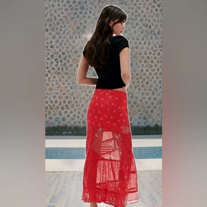 Free People Daniella Skirt Lace Floral Maxi Poppy Red Side Zip - Image 6