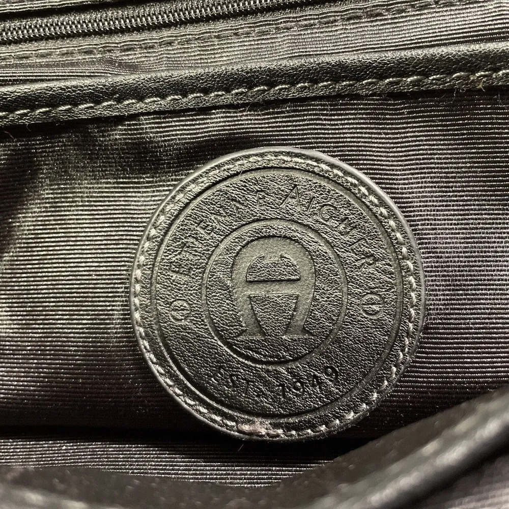 Etienne Aigner Black Leather and Canvas Satchel Bag Brass Accents - Image 10