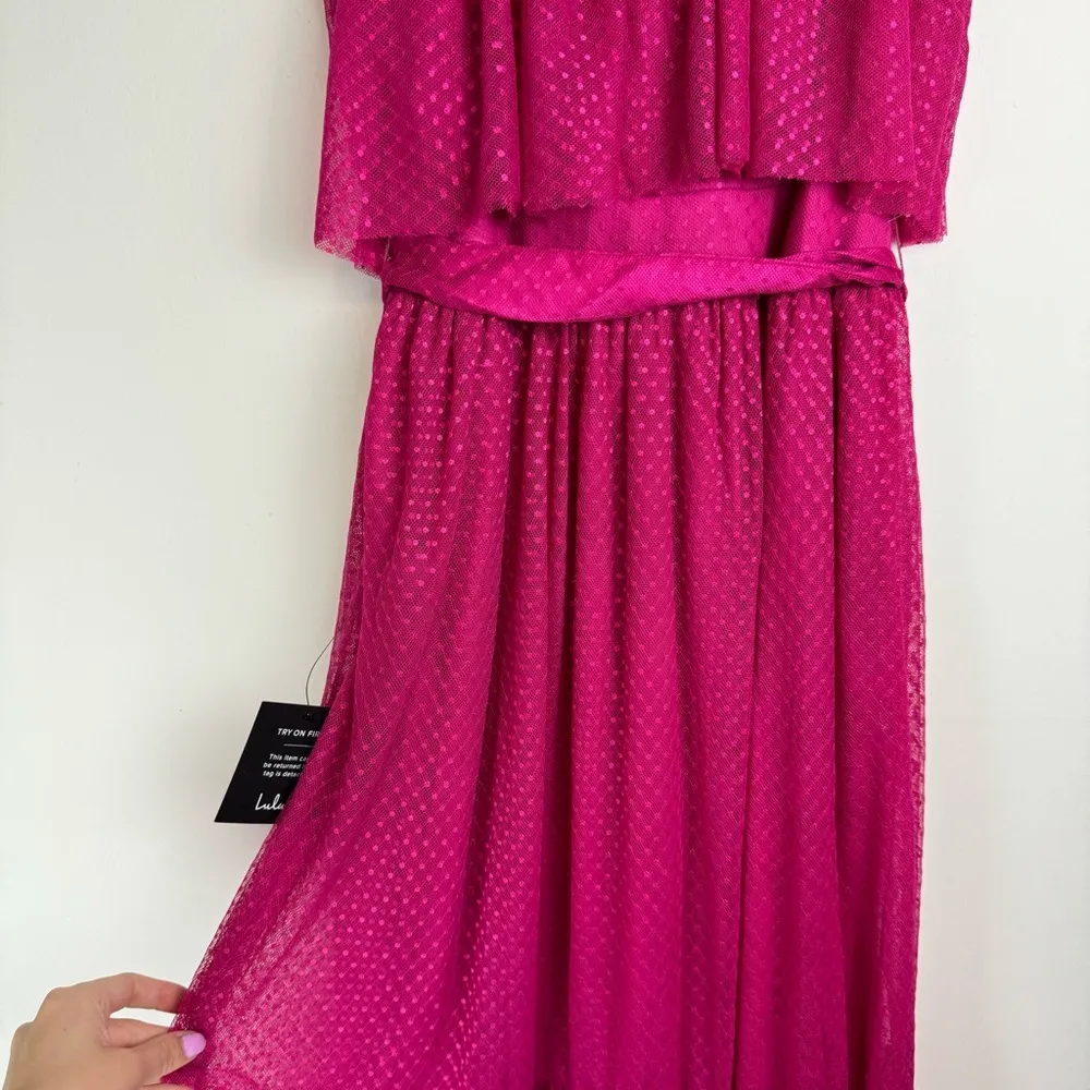NWT Lulu’s Best Flirt Forward Magenta Shiny Mesh Tie Strap Midi Dress Sz Small - Image 14
