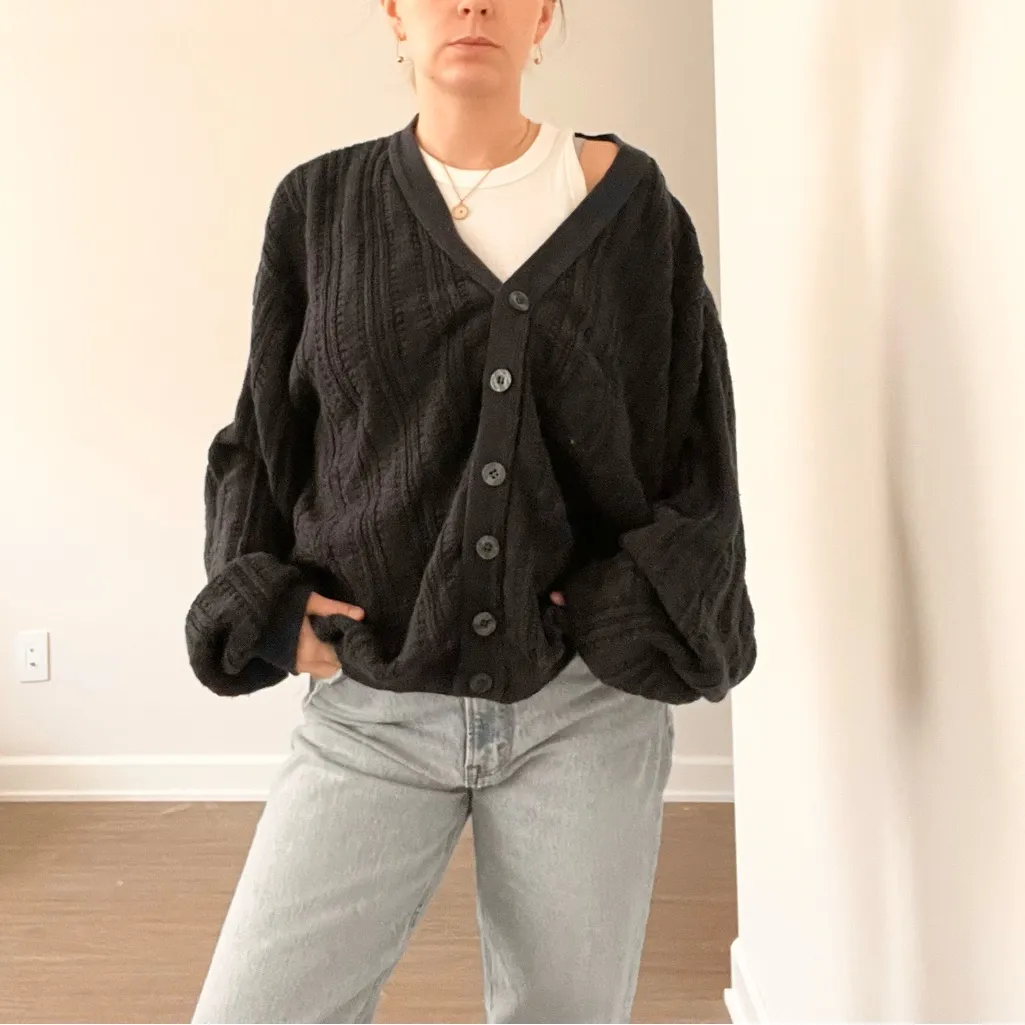 Bill Blass Navy Blue Textured Button-Up Cardigan Sweater - Image 2