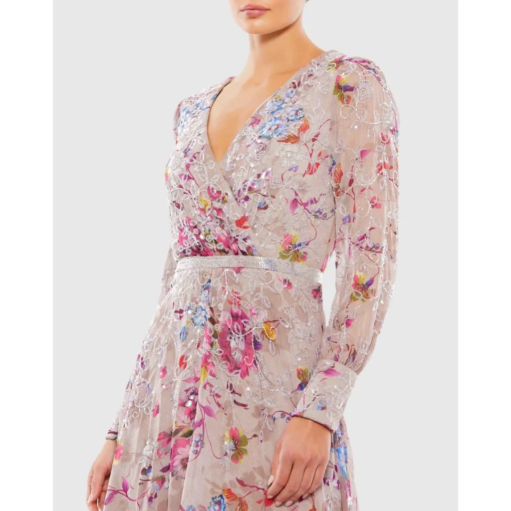 Mac Duggal 9147 Hand Embellished Floral Long Sleeve Midi Dress Size 4 NWT - Image 3