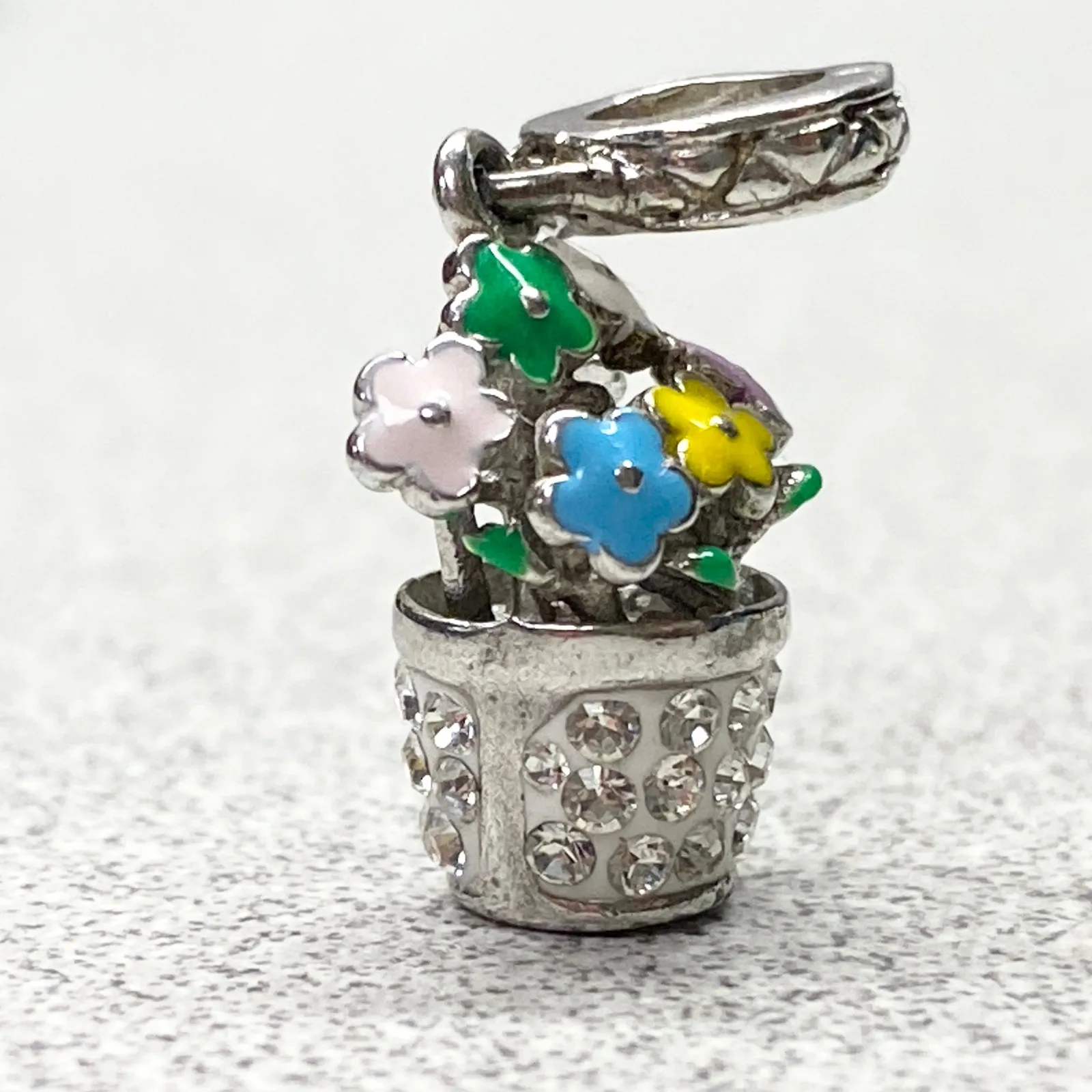 Silver Tone Enamel Crystal Flower Pot Charm Spring Garden Jewelry Making Gift - Image 3
