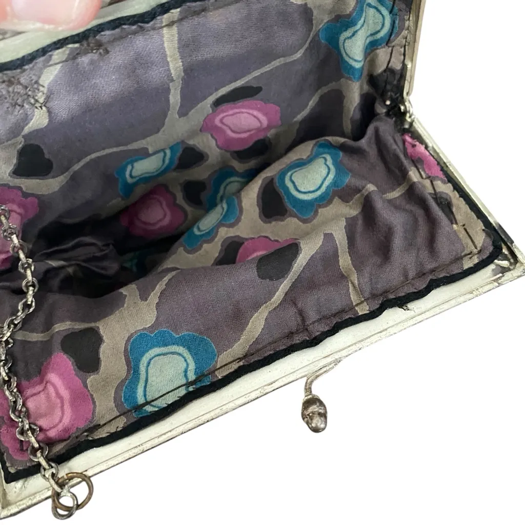 Vintage Silk Black Green Butterfly Beaded Bag Purse Silver Tone Handle Chain - Image 6