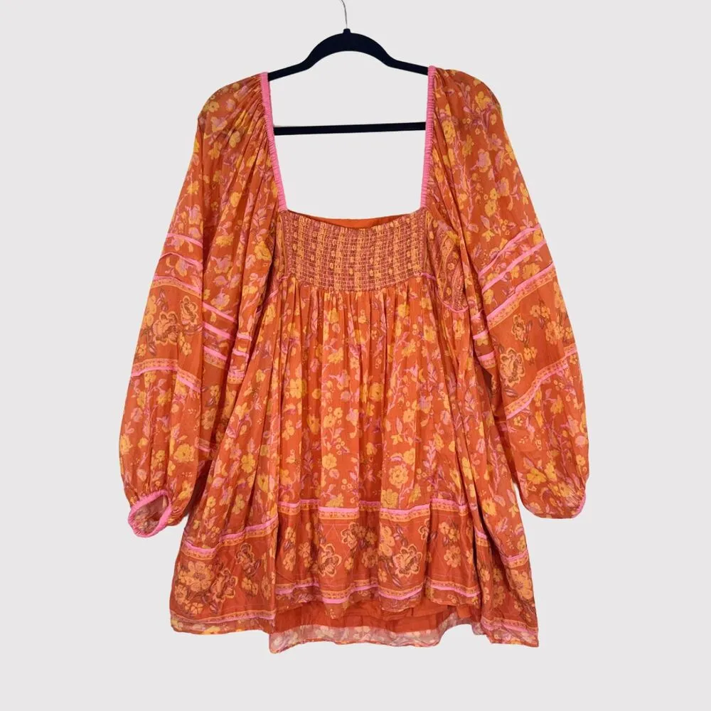 Free People Womens Dress Orange Endless Afternoon Mini Floral Puffed Boho Large - Image 3