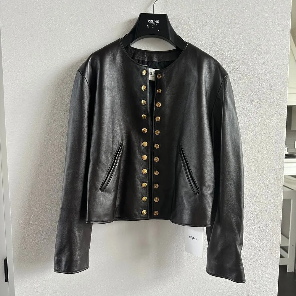Celine Pure Collar Jacket with Snap Buttons in Soft Lambskin  Size 34 New - Image 2