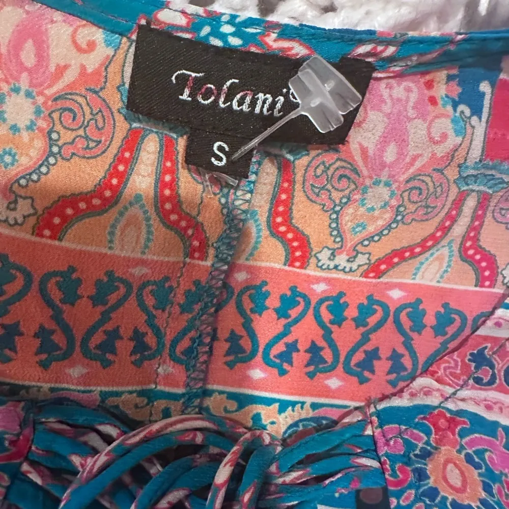 Tolani small Floral Bohemian Women's Top - Blue and Pink asymmetrical silk - Image 2