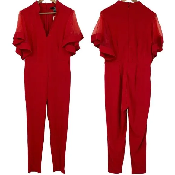 NEW ASHLEY STEWART V Neck Illusion Flutter Sleeve Jumpsuit Red Size 14/16 - Image 2