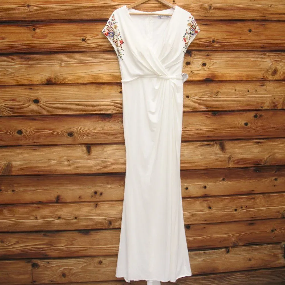 Mac Duggal 55709 Womens White Embellished Sleeve Jersey Wrap Gown - Image 7