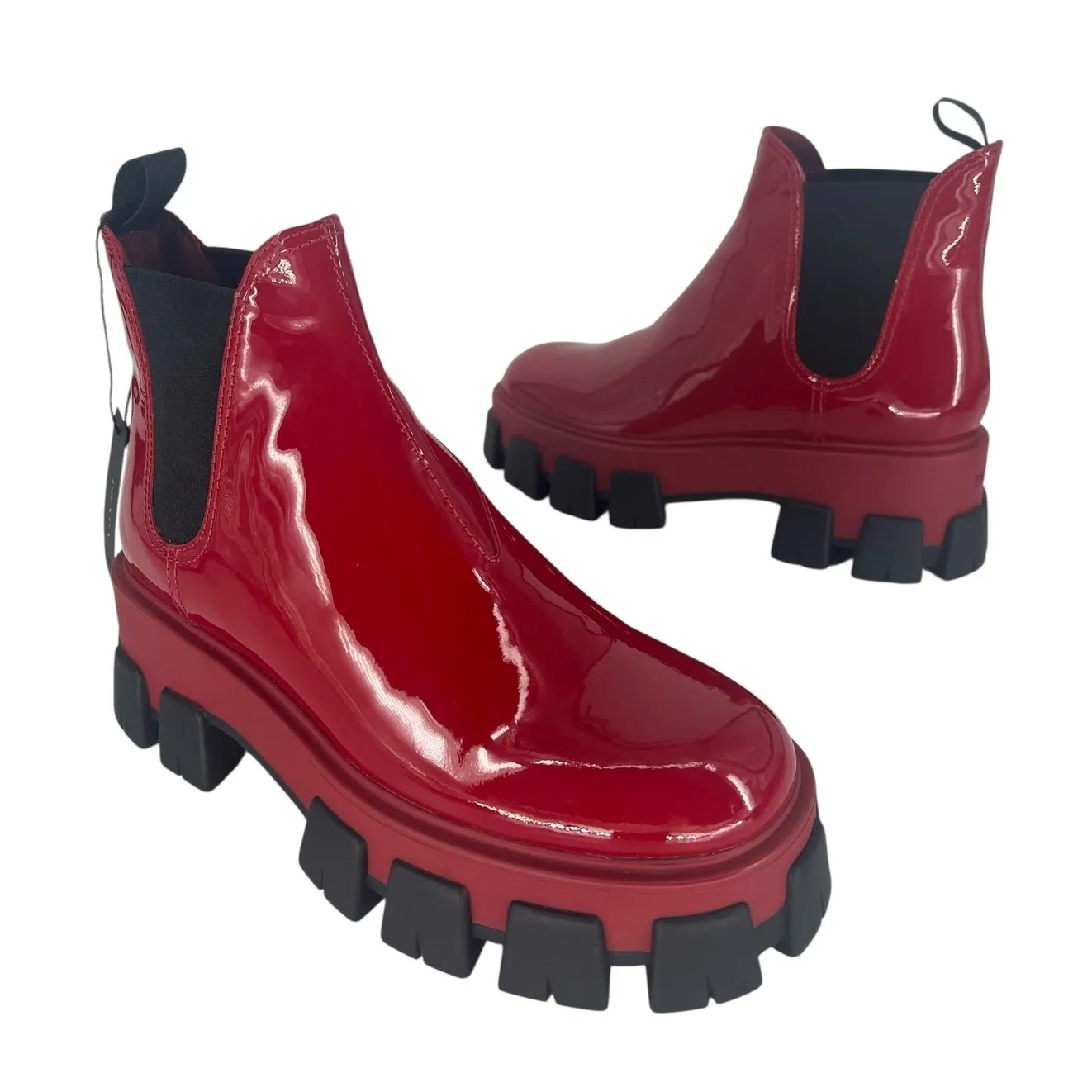 Prada Patent Leather Monolith Booties in Rosso Red - Image 4