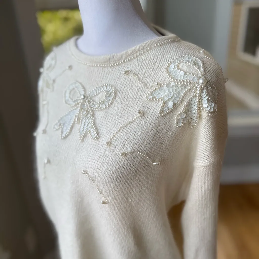 Vintage Silk Angora Beaded Holiday Sweater Sequins Pearls Ivory Cream Sz L White Size L - Image 3