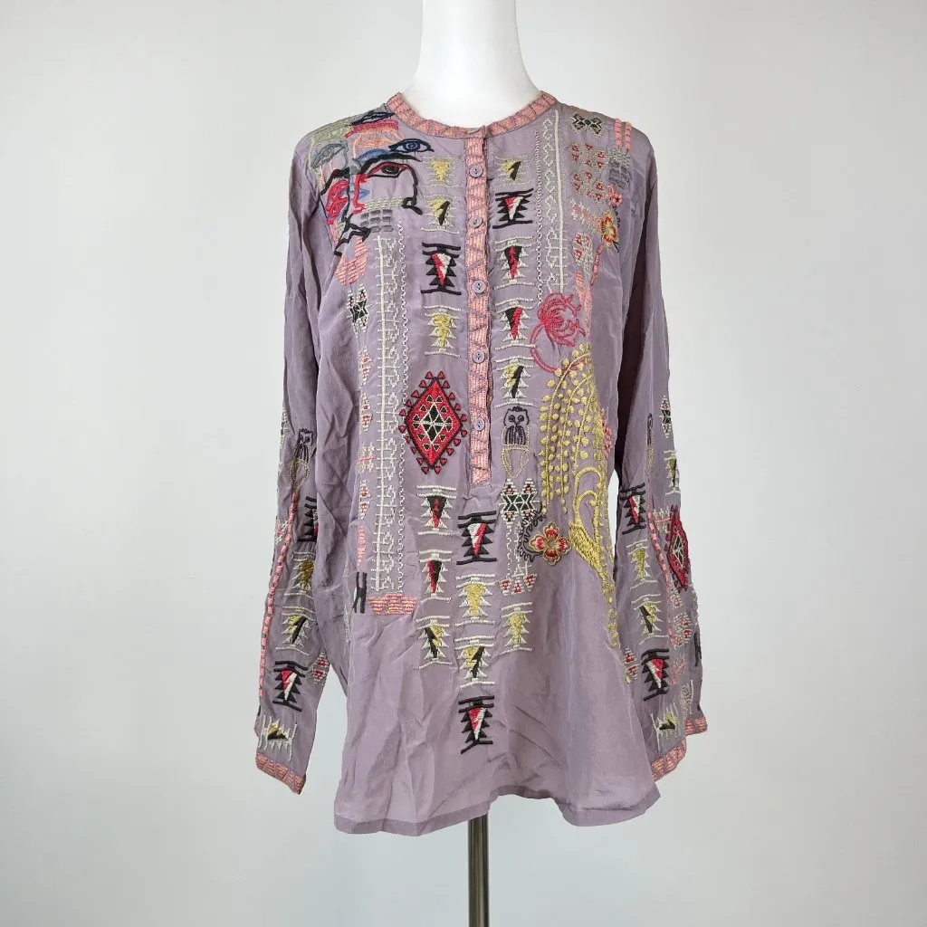NWOT Johnny Was Biya Silk Embroidered Floral Long Sleeves Shirt Blouse Purple S - Image 2
