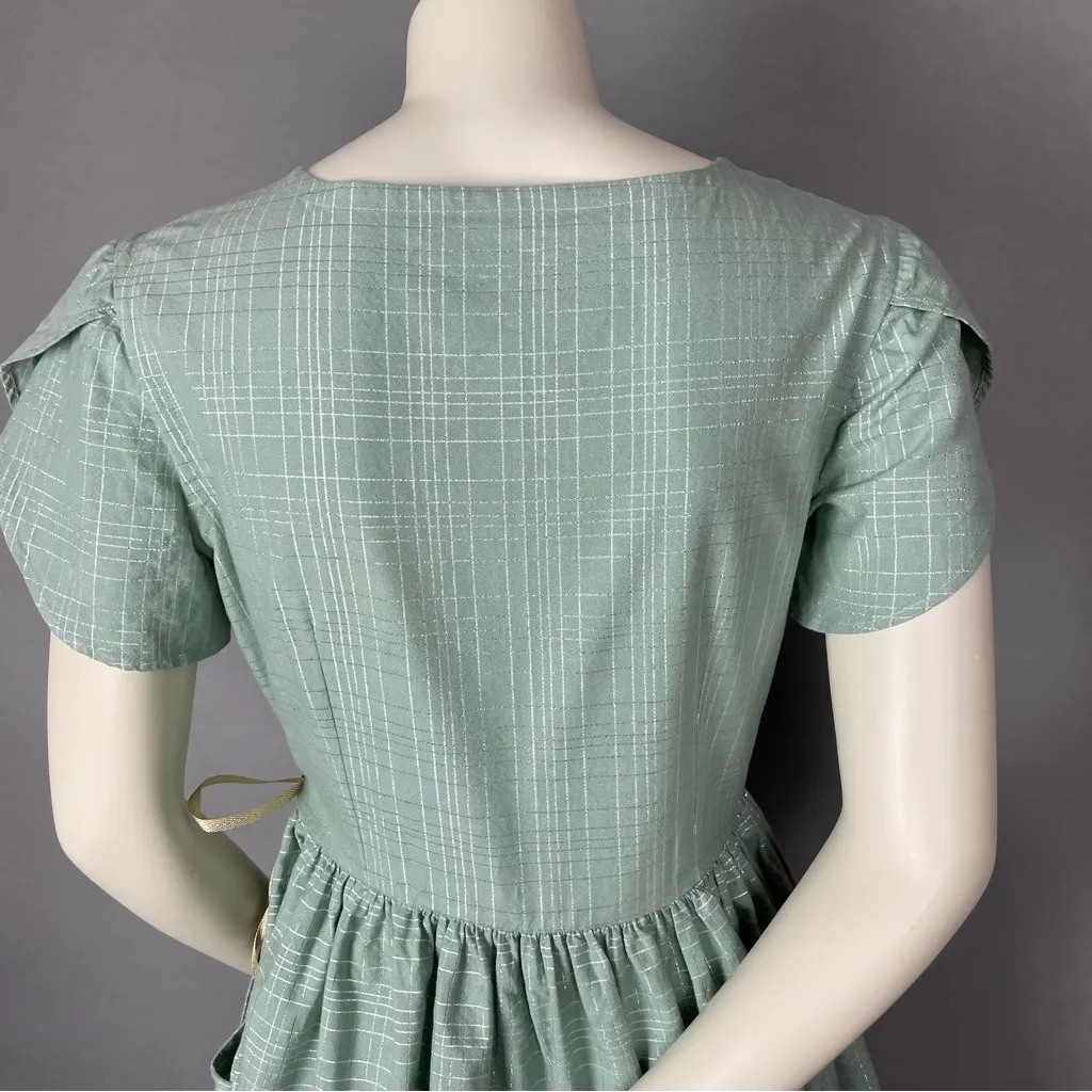 Handmade Wrap Dress Green Metallic Tulip Sleeves Twee Pockets Gathered Skirt - Image 5