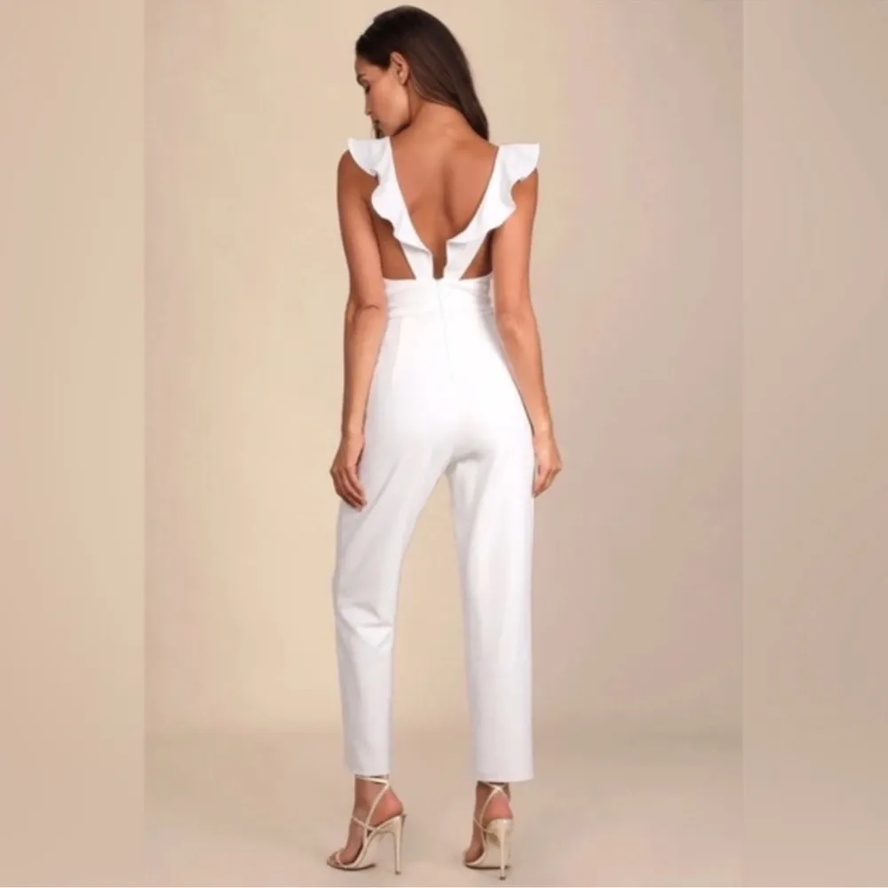 Lulu's White Plunging V Neck Flutter Sleeve Jumpsuit - Image 3