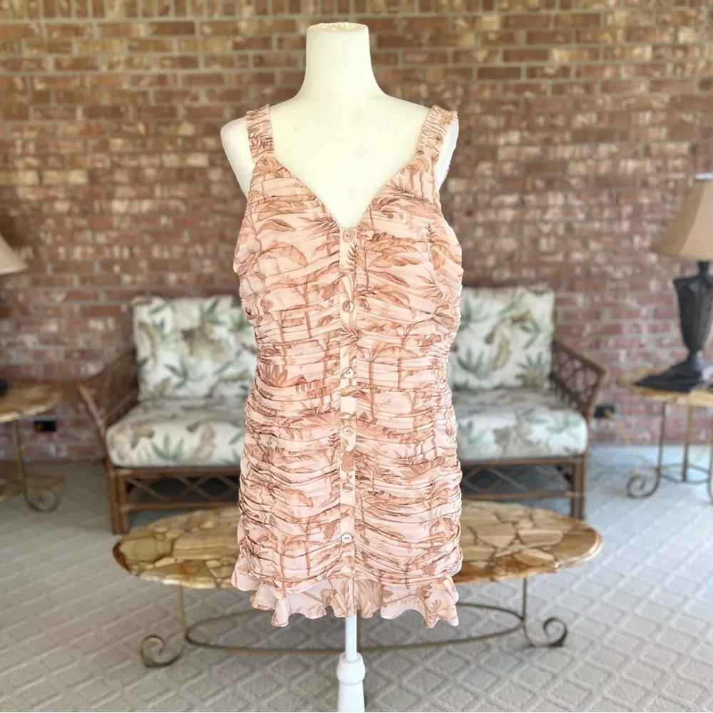 Ted Baker London Dress 16 NWT Palm Tree Print Light Pink Ruched Mini Cocktail - Image 2