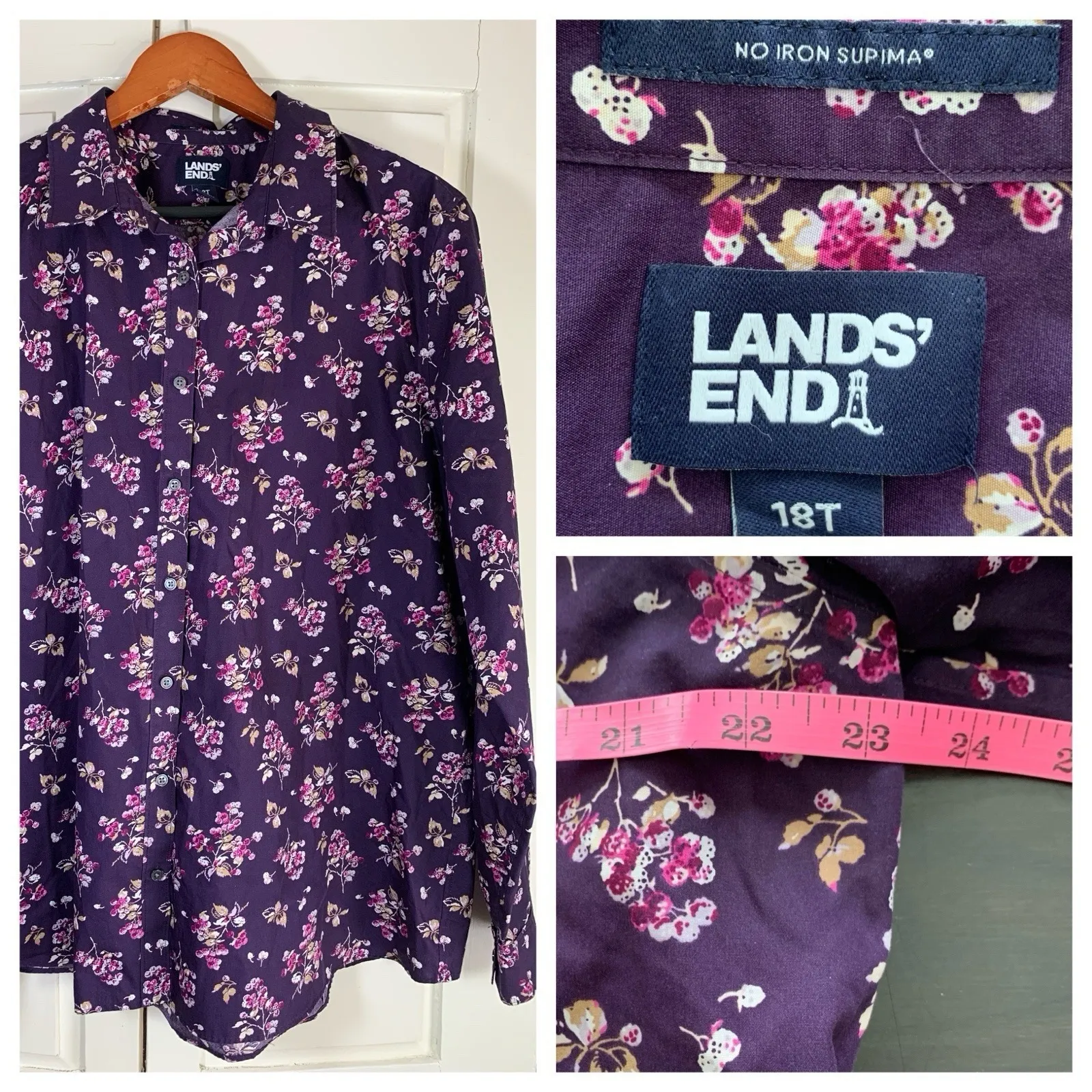 Lands End Shirt Women 18T Floral Non Iron Supima Cotton Button Front Long Sleeve - Image 2