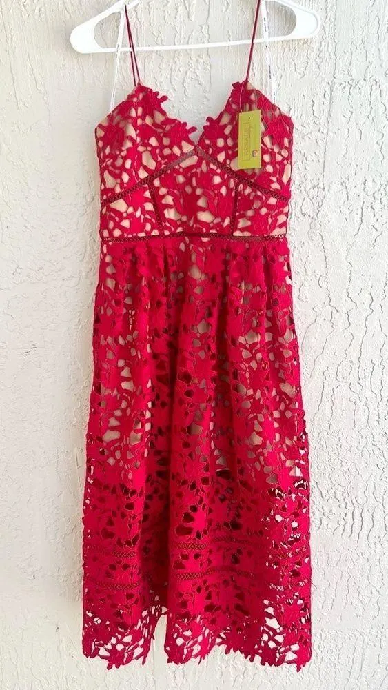 Self portrait mid lace dress red and nude size 8 - Image 3