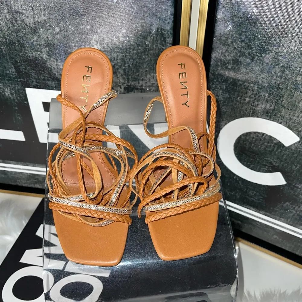 Amina Muaddi x Fenty Braid Me Up Sandals In Brown - Image 6