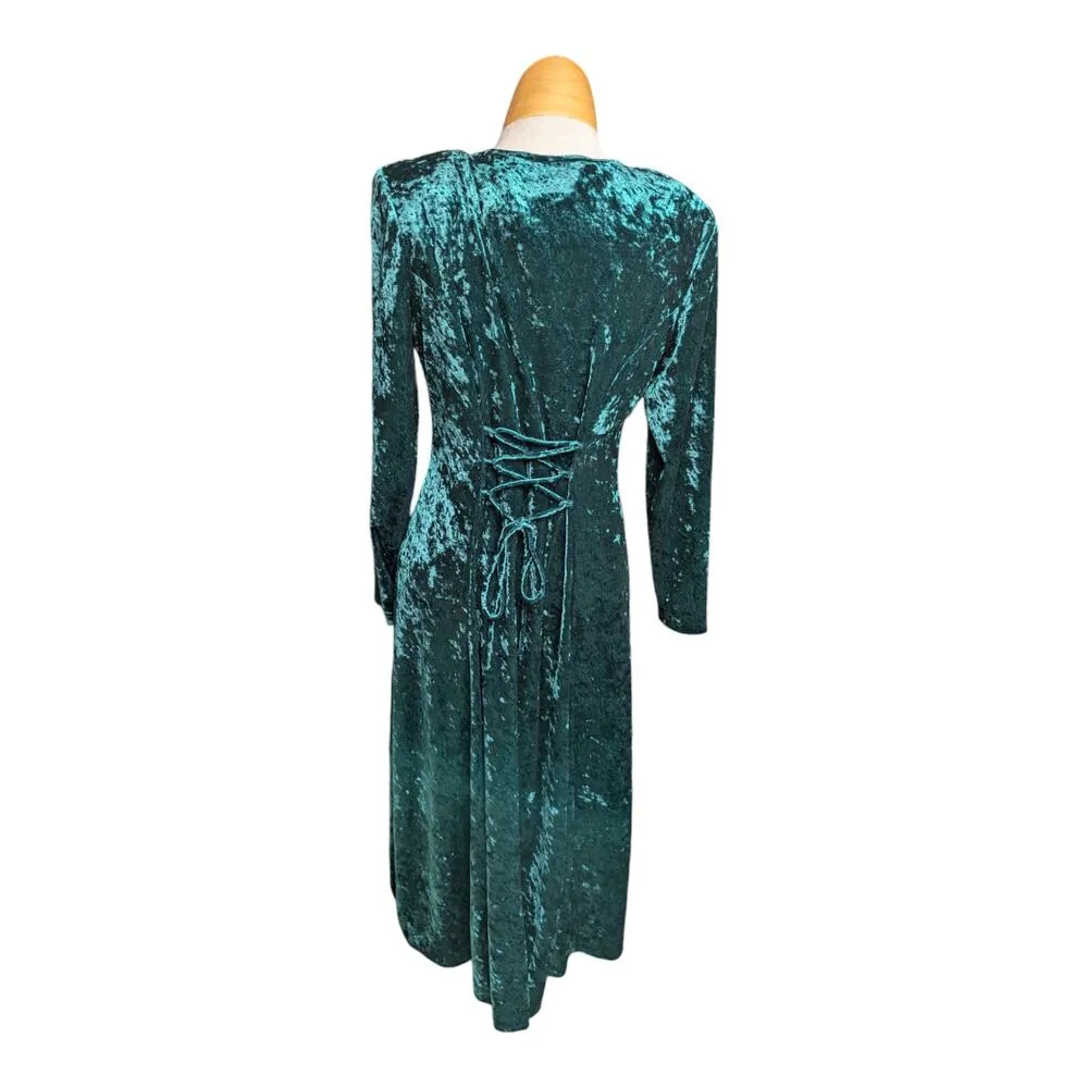 Vtg 1990s Brett Alixander Forest Green Crushed Velvet Corset Back Maxi Dress 10 - Image 3