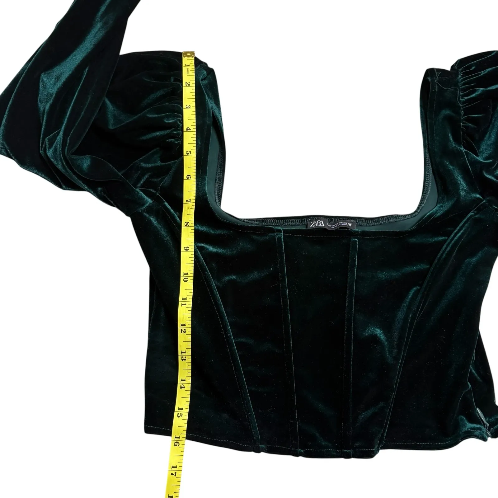 Zara Velvet Corset Top Green Square Neck Long Puff Sleeve Cropped Women M - Image 6