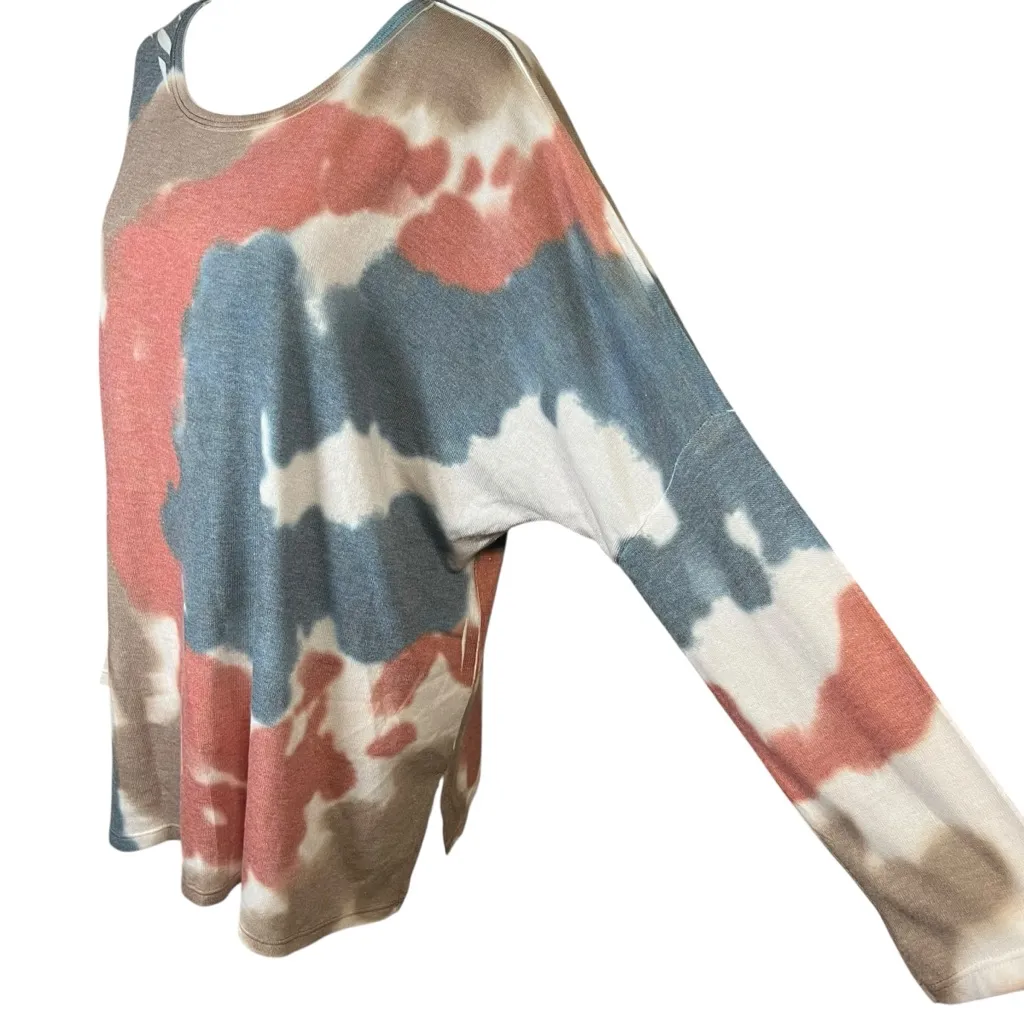 M Made in Italy Tie Dye Scoop Neck Long Sleeve Knit Top Slouchy Tunic Size Large Tan - Image 2