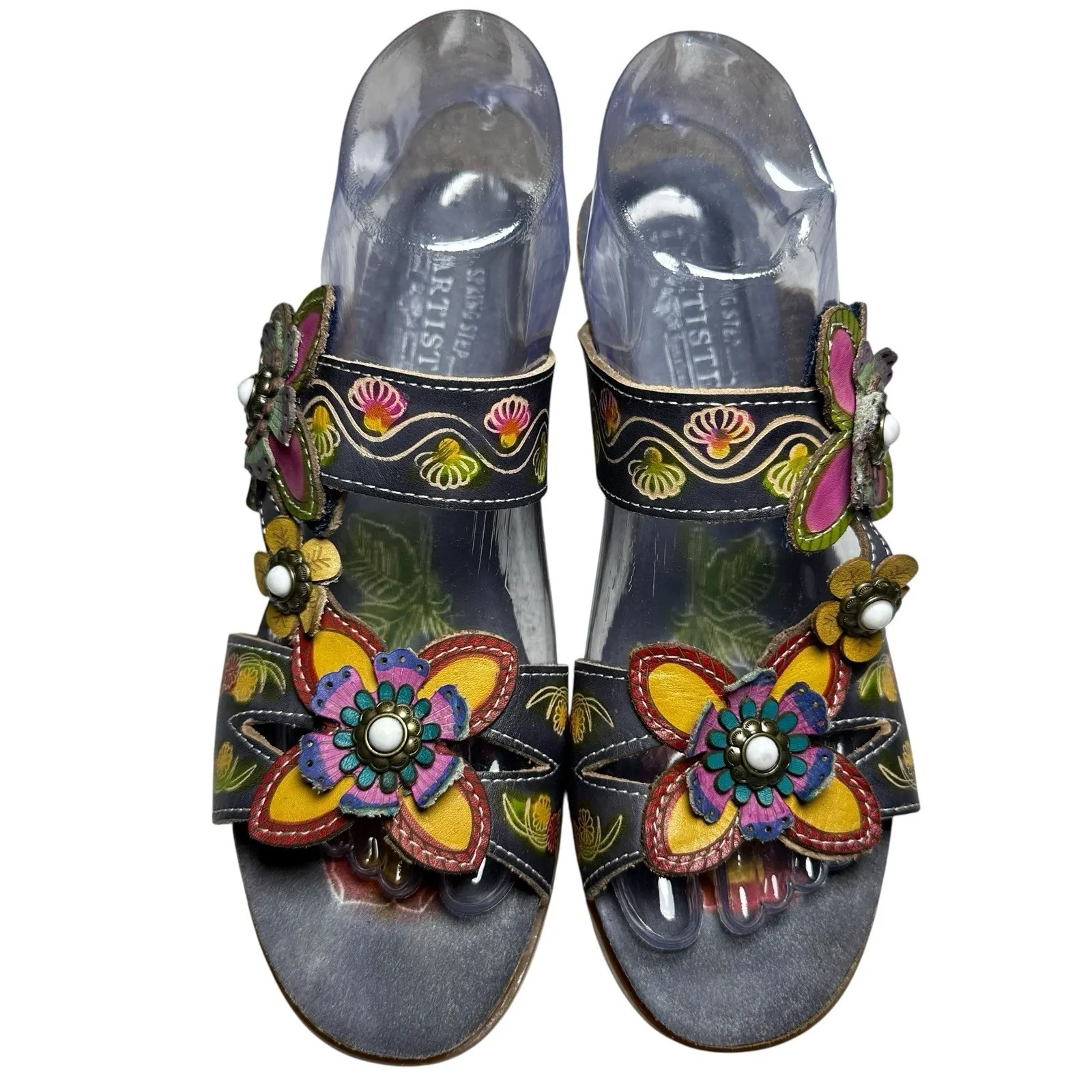 L'Artiste Spring Step Haverb Sandals 40 US 9 Boho Floral‎ Leather Block Heel Blue - Image 5