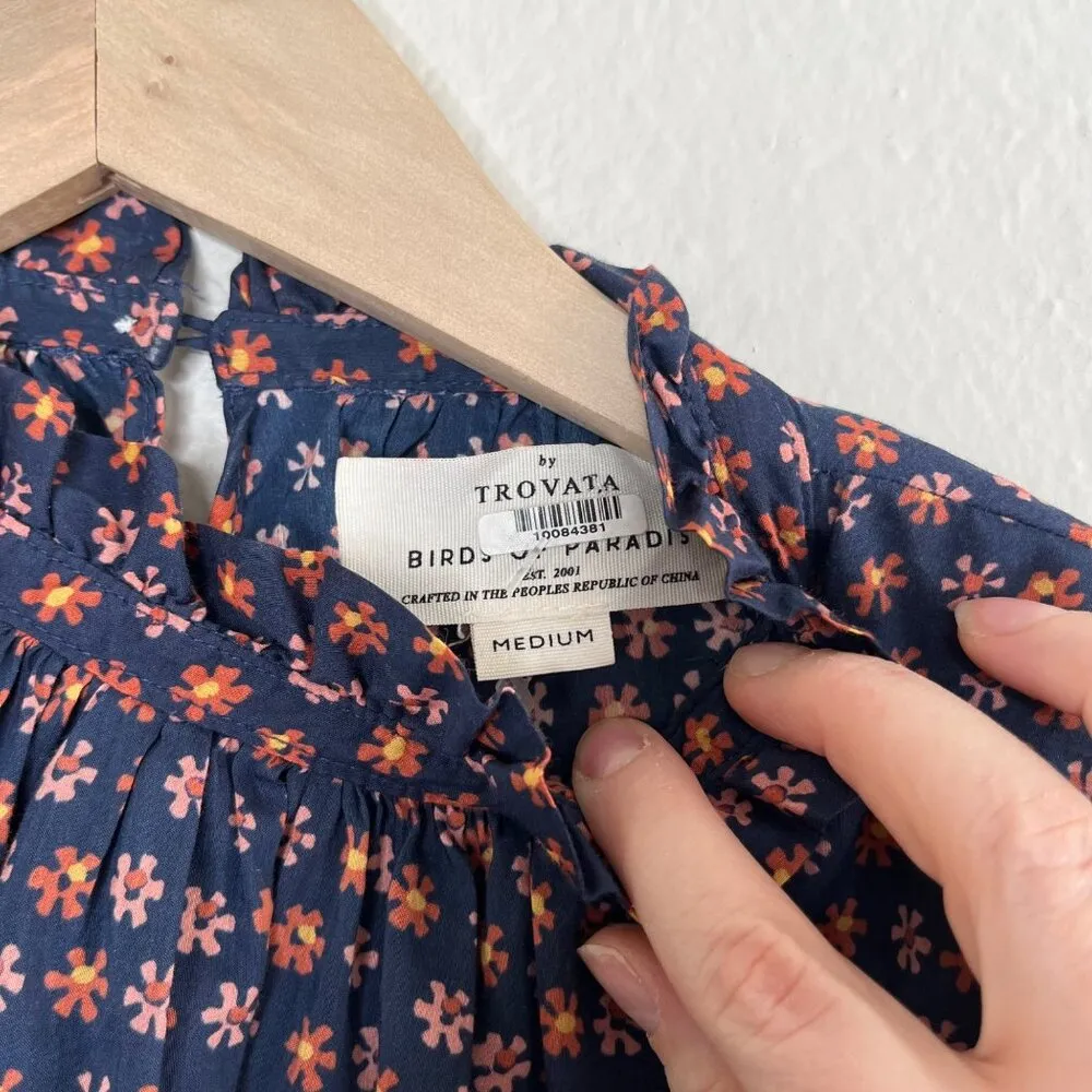 Trovata Bird Of Paradis Blue & Pink Floral Print Long Sleeve Silk Blouse Size M Size M - Image 7