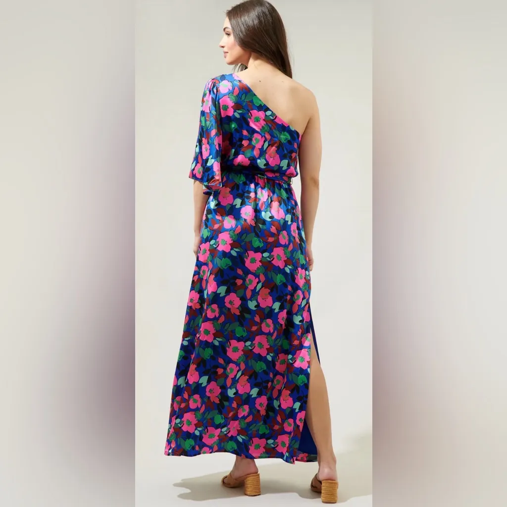 Sugarlips Vivi Berry Meara One Shoulder Satin Maxi Dress Floral Cobalt L NWT - Image 3