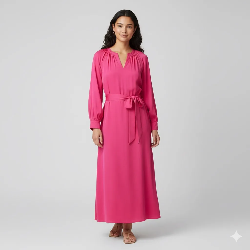 H&M Long Sleeve Split Neck Belted Maxi Dress Barbiecore Barbie Pink Size M NWT - Image 5