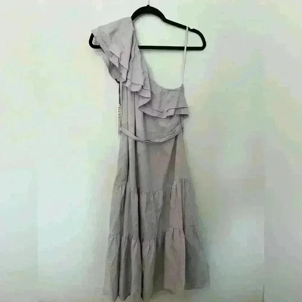 Nicole Miller One Shoulder Ruffle Trim Linen Tiered Midi Dress Size Sm - Image 6