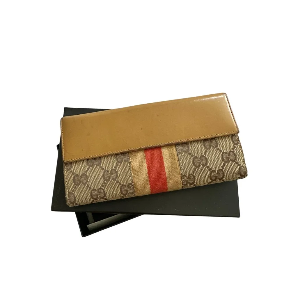 GUCCI Vintage Striped Logo Brown Tan Long Clutch Wallet w/ Box - Image 2