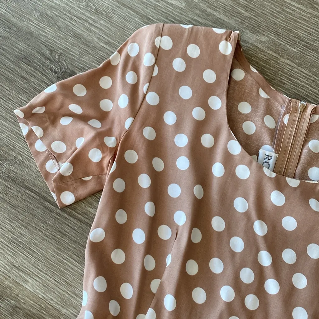 Vintage 90s polka dot dress mini neutral tan white dots XS Small - Image 5