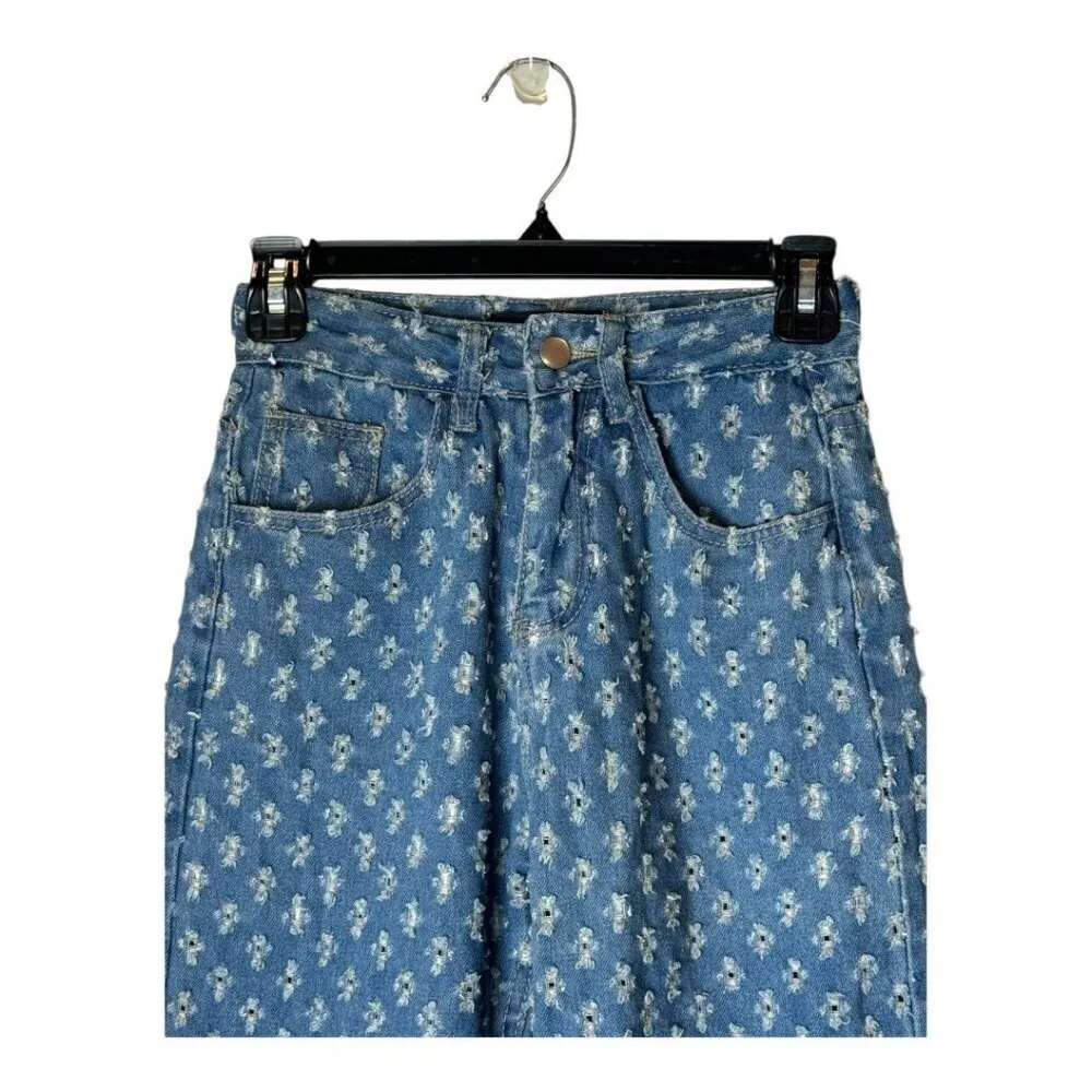 Cider Jeans Women XS Blue Medium Wash Dotted Distressed Pattern Straight Leg - Image 3