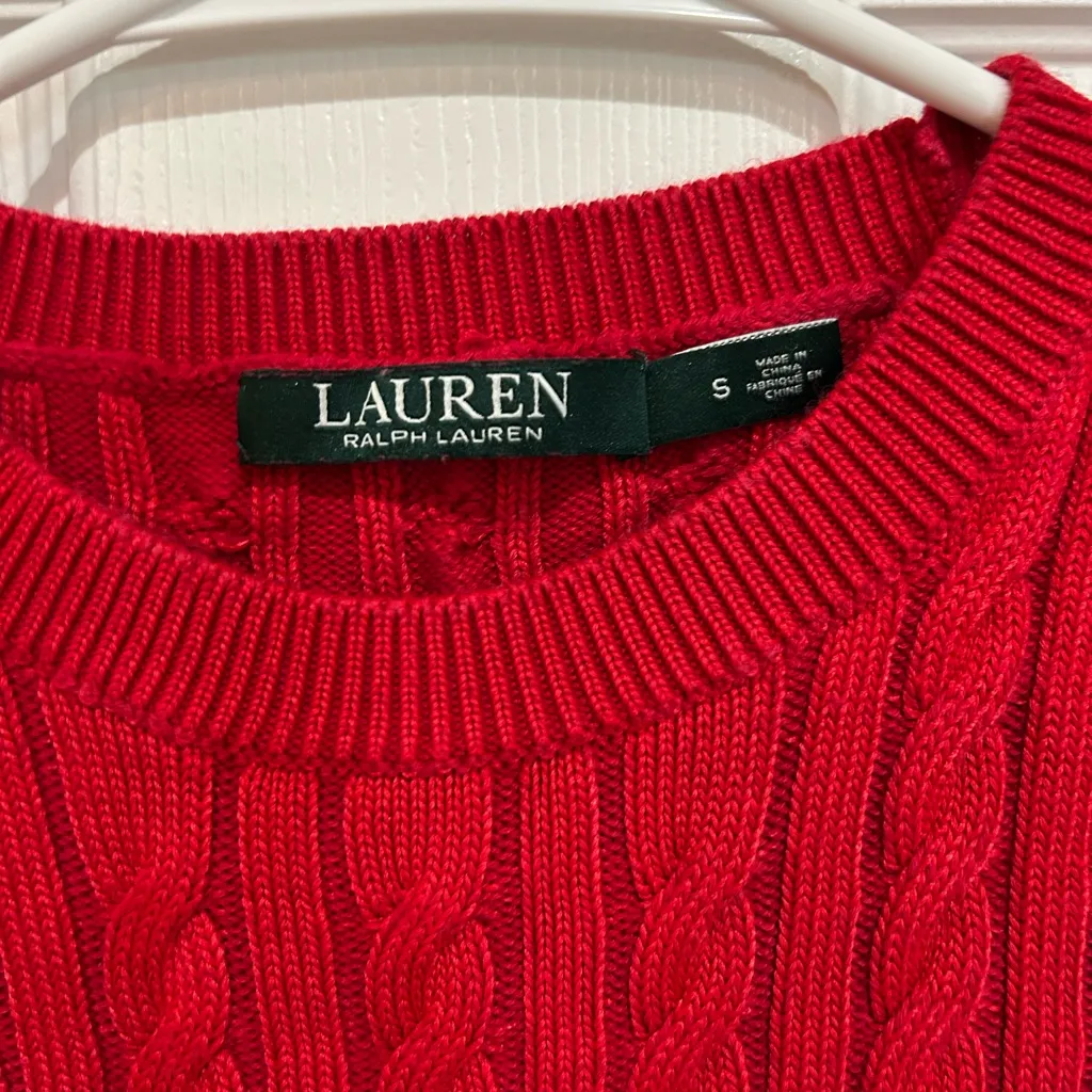 Ralph Lauren Vibrant Red Cable Knit Sweater Small with raw edge on bottom - Image 2