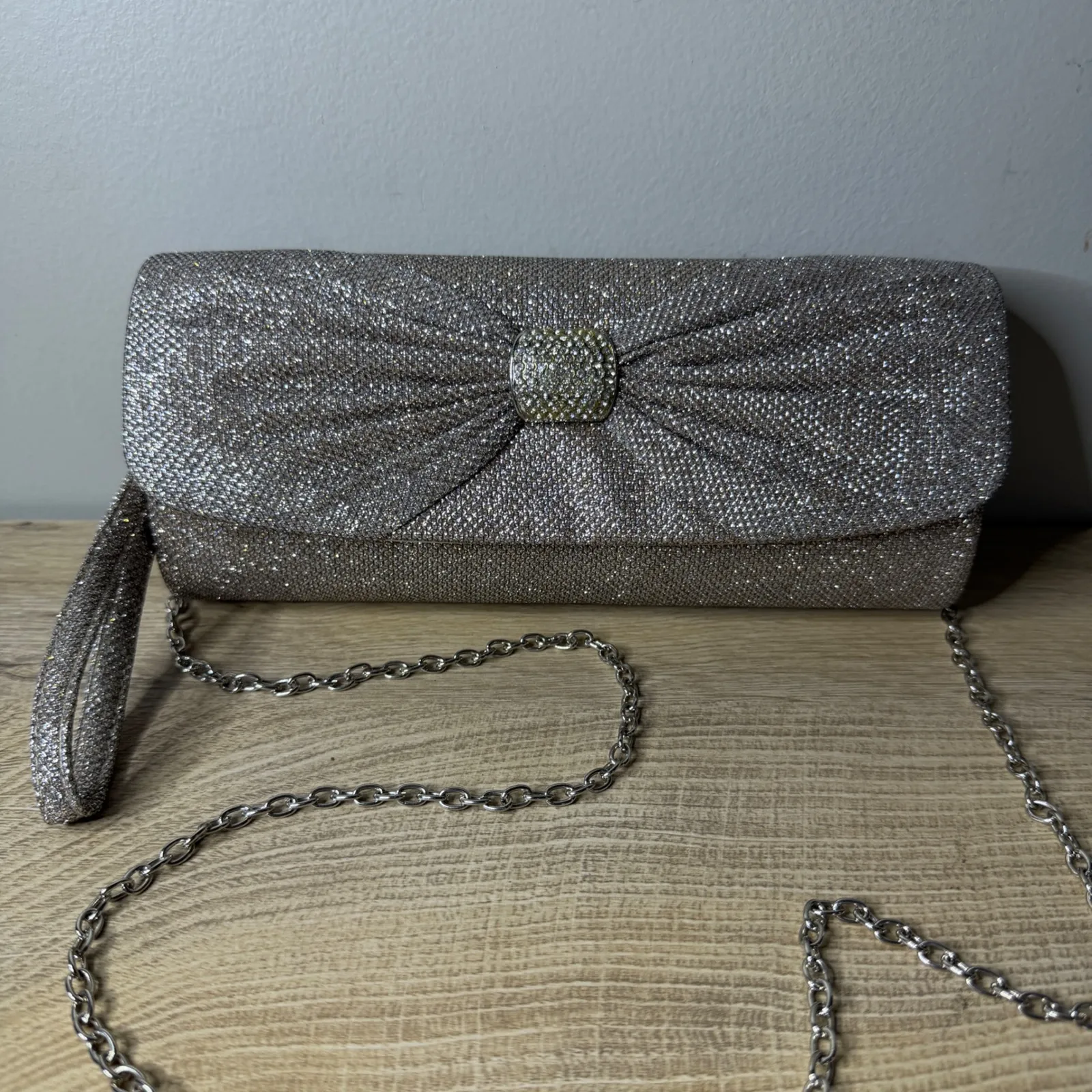 Vintage Gunne Sax Jessica McClintock Silver Glitter Purse Rhinestone Bow Clutch - Image 2