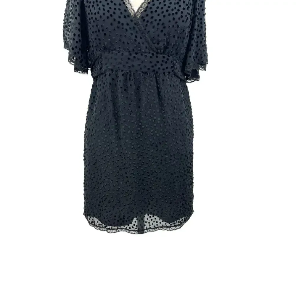 Betsey Johnson Vintage Black Swiss Dot Velvet‎ Flutter Sleeve Dress Size 4 - Image 5