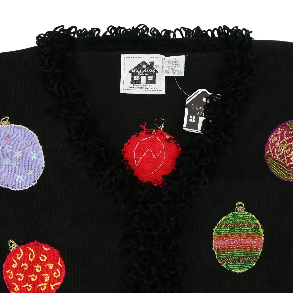 NWT Storybook Knits HSN Christmas Ornament Fringe Trim Black Cardigan Sweater 1X - Image 2