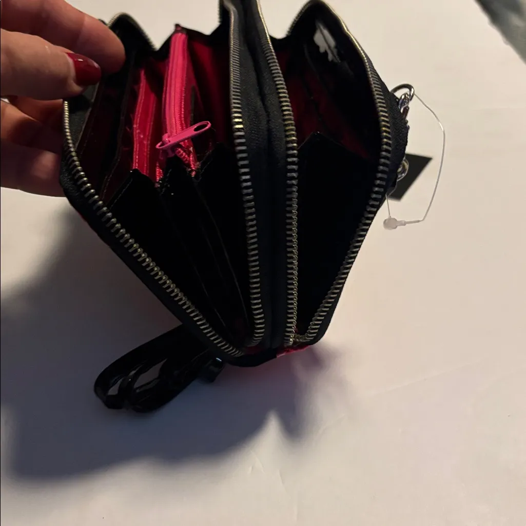 SR SQUARED BRAND NYLON WALLET ROSE DESIGN DOUBLE ZIP CLOSURE REMOVABLE STRAP Pink - Image 13