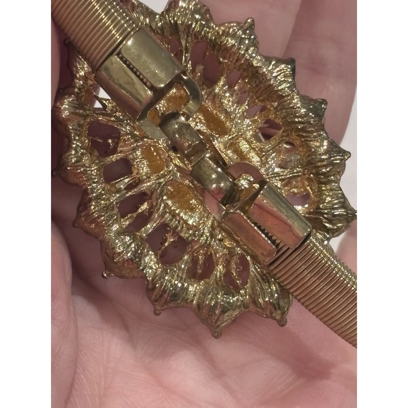 Vintage 80s Goldtone Skinny Rhinestone Stretchy Gold Tone Flex Belt - Image 4