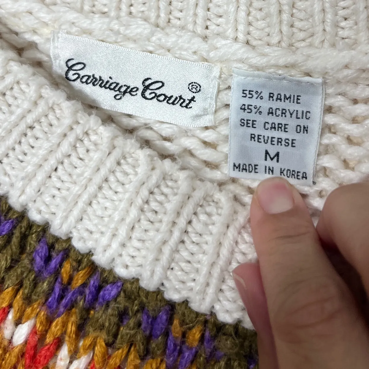 Vintage Carriage Court Cream Fair Isle Knit Sweater Women's M Ramie Acrylic White Size M - Image 3