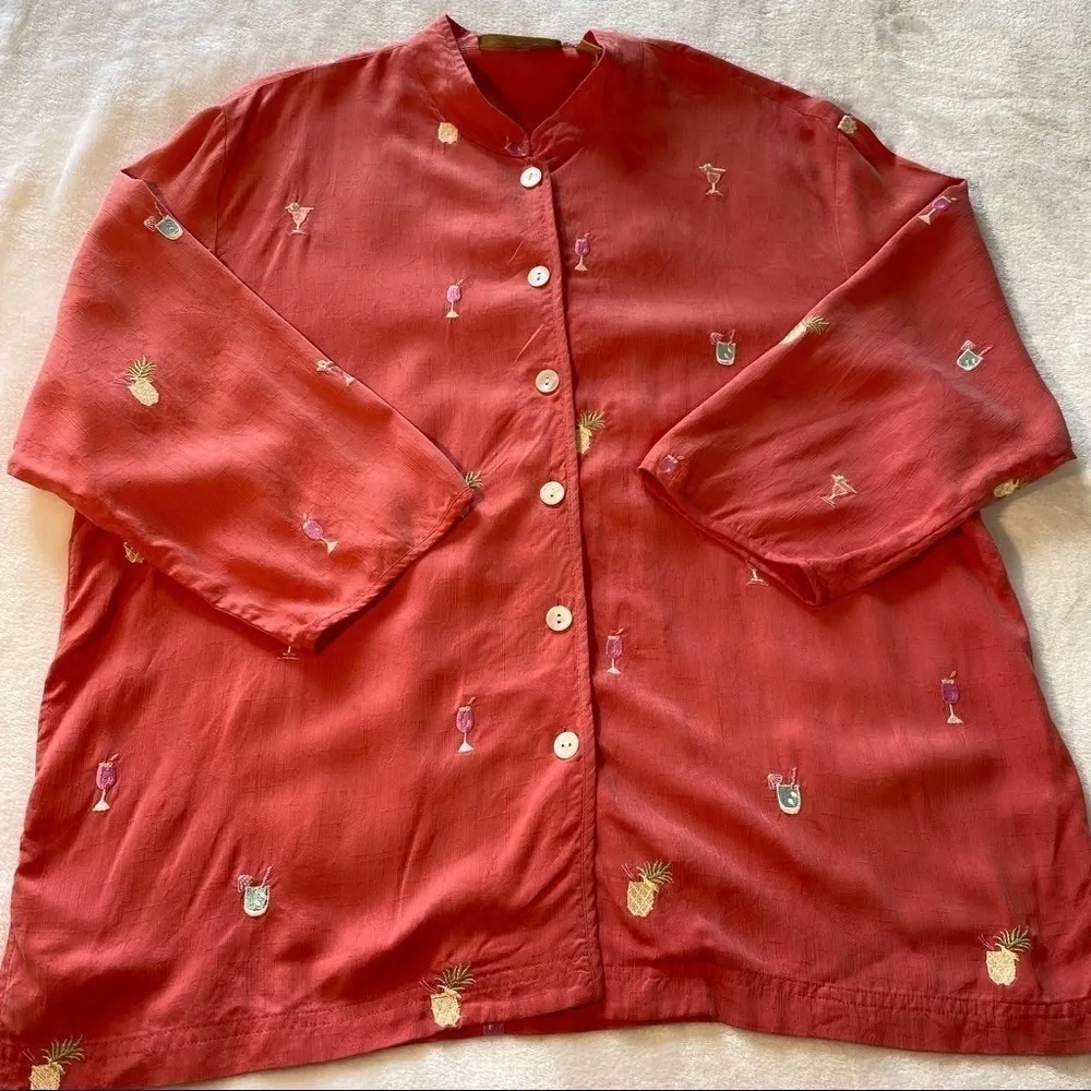 Vintage Bobby Chan Women's Pink Tropical Drink Embroidery Silk Top Size Large - Image 5