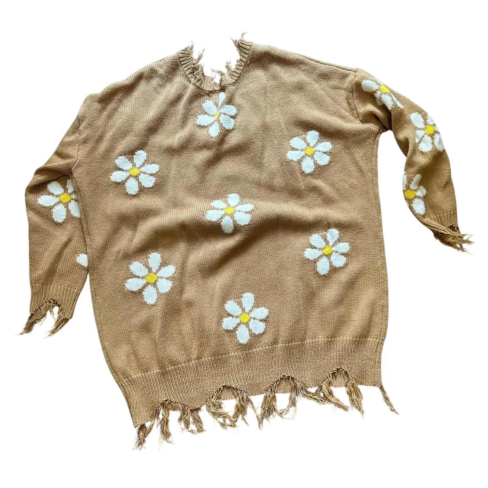 Just Polly New York Brown w/ Daisy Sweater SZ L Distressed V - Image 10