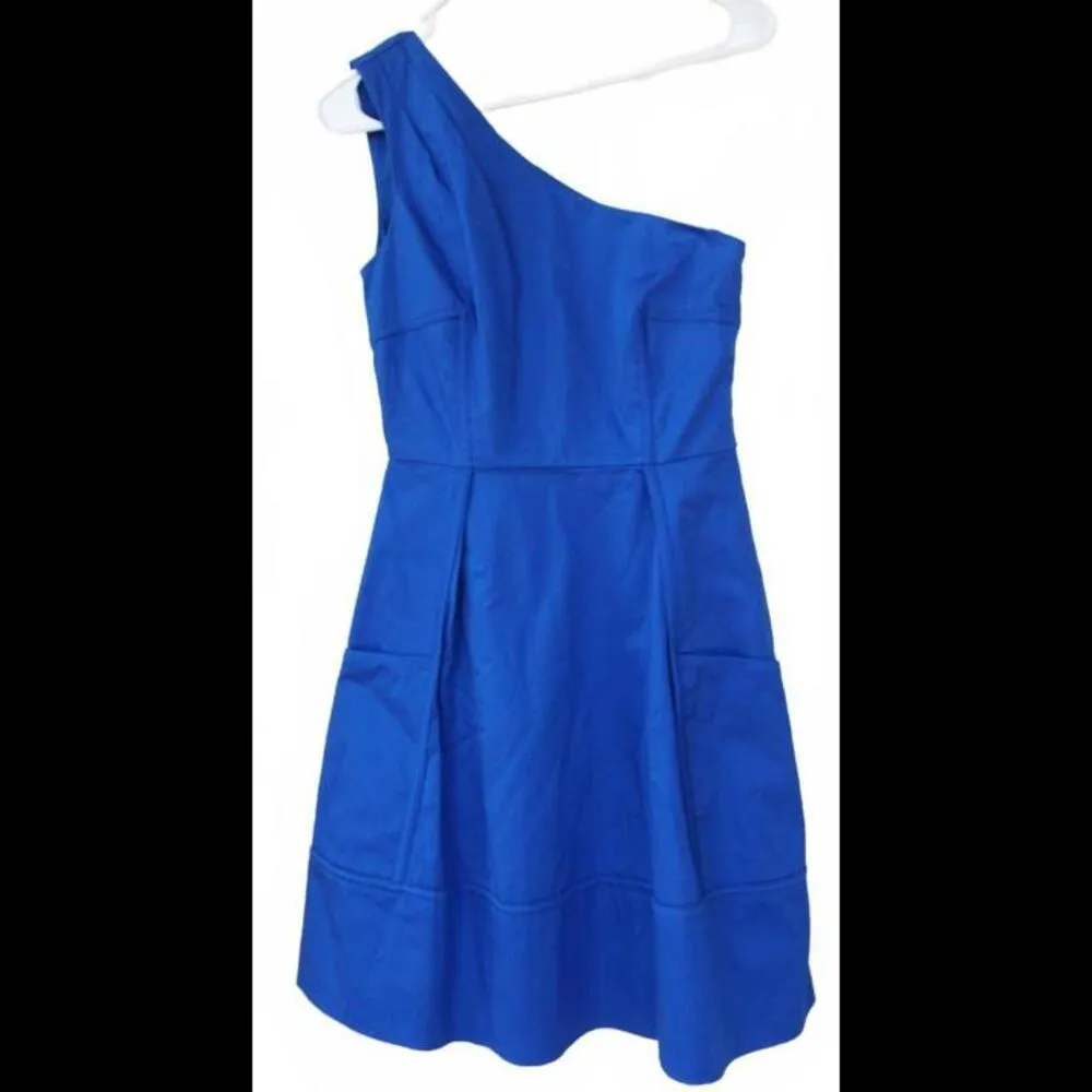 One Shoulder Pockets Cotton Blue Cocktail Dress Size 6 - Image 2