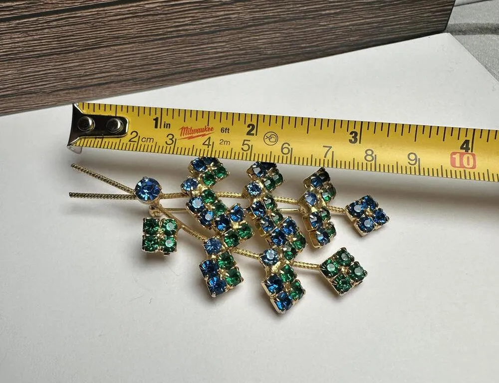 Green & Blue Prong Set Rhinestone Spray/Sprig Large Brooch Pin Vintage Gold - Image 5