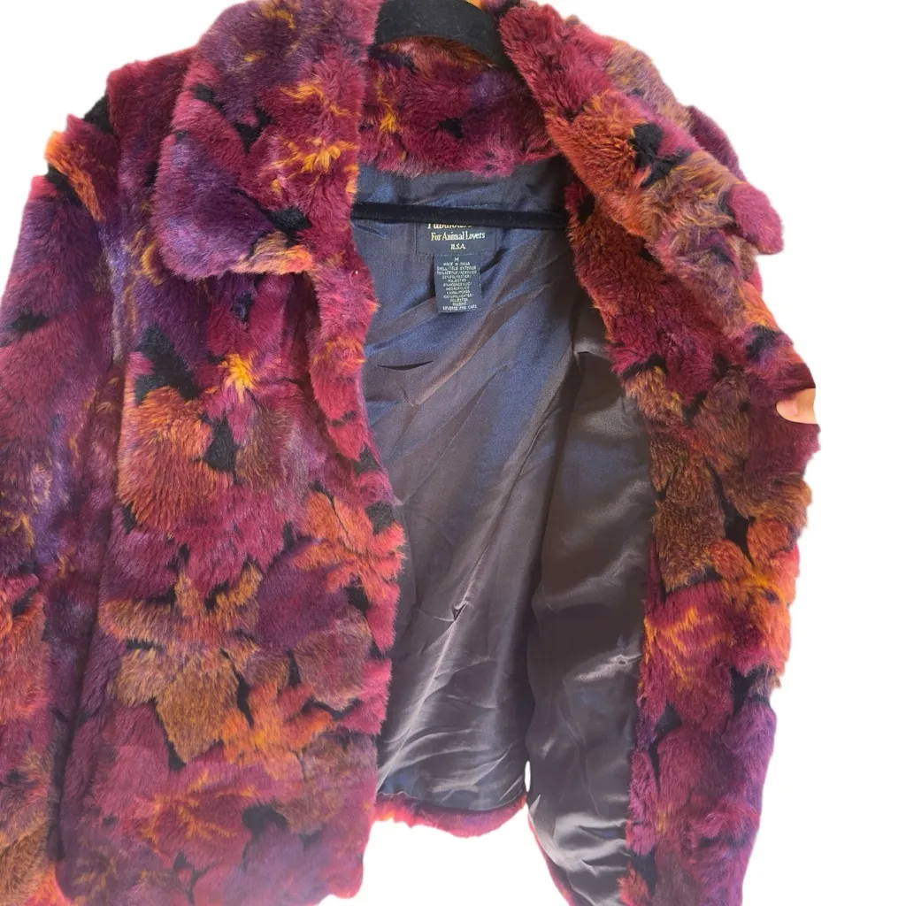 Fabulous Furs Faux Fur Floral Jacket Retro Boho Luxe Plush Fall Y2K Statement M Purple Size M - Image 10