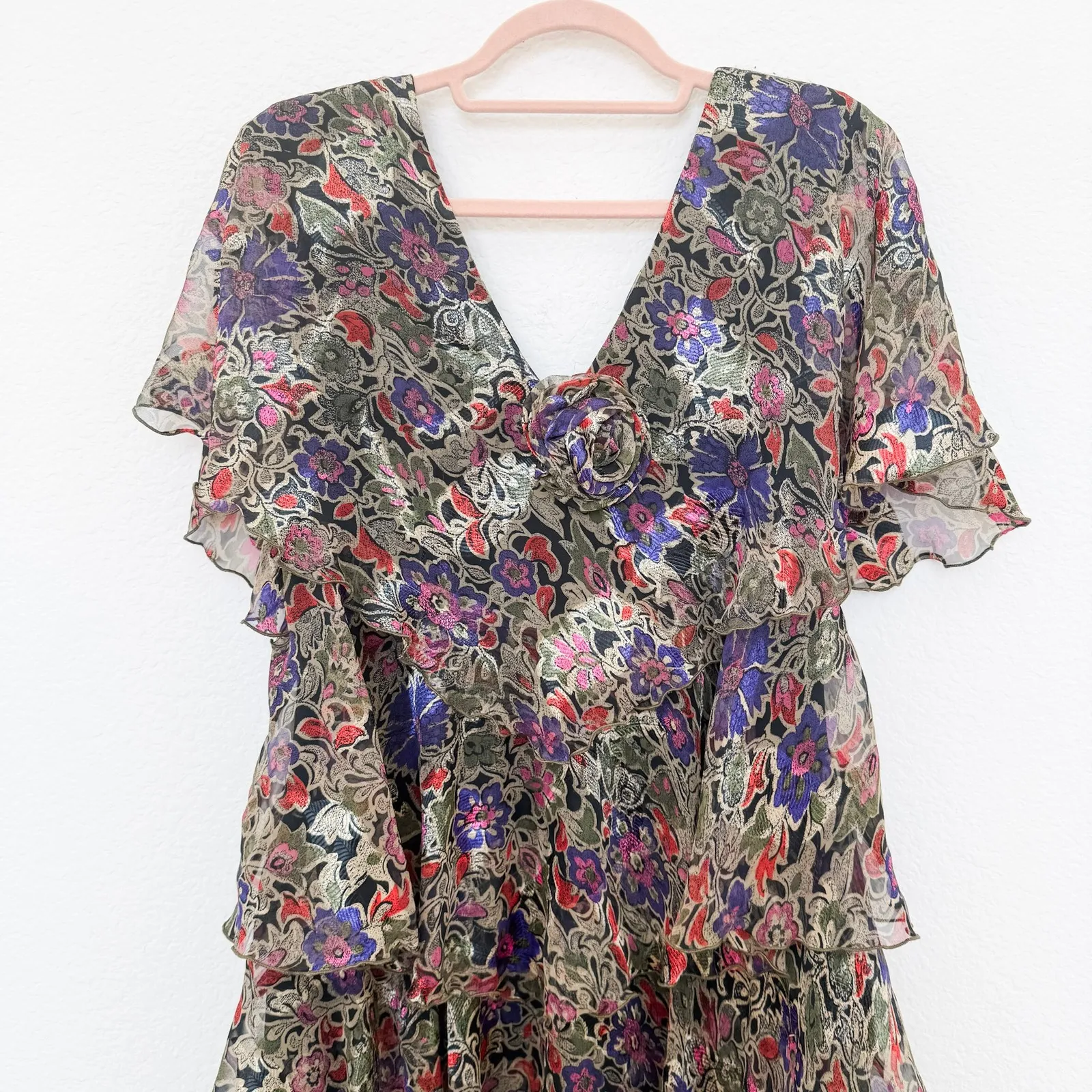 VTG Ann Hobbs for Cattiva Womens Dress Size M‎ Metallic Floral Tiered 90s Glam Black Size M - Image 2