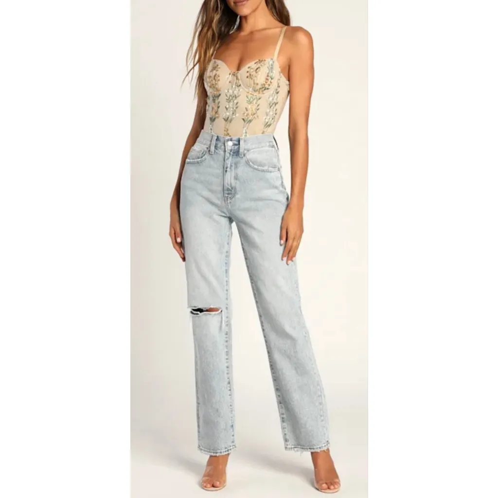 Lulus XS Embroidered Floral Mesh Bodysuit Beige Nude Sheer Corset Bustier Style - Image 13