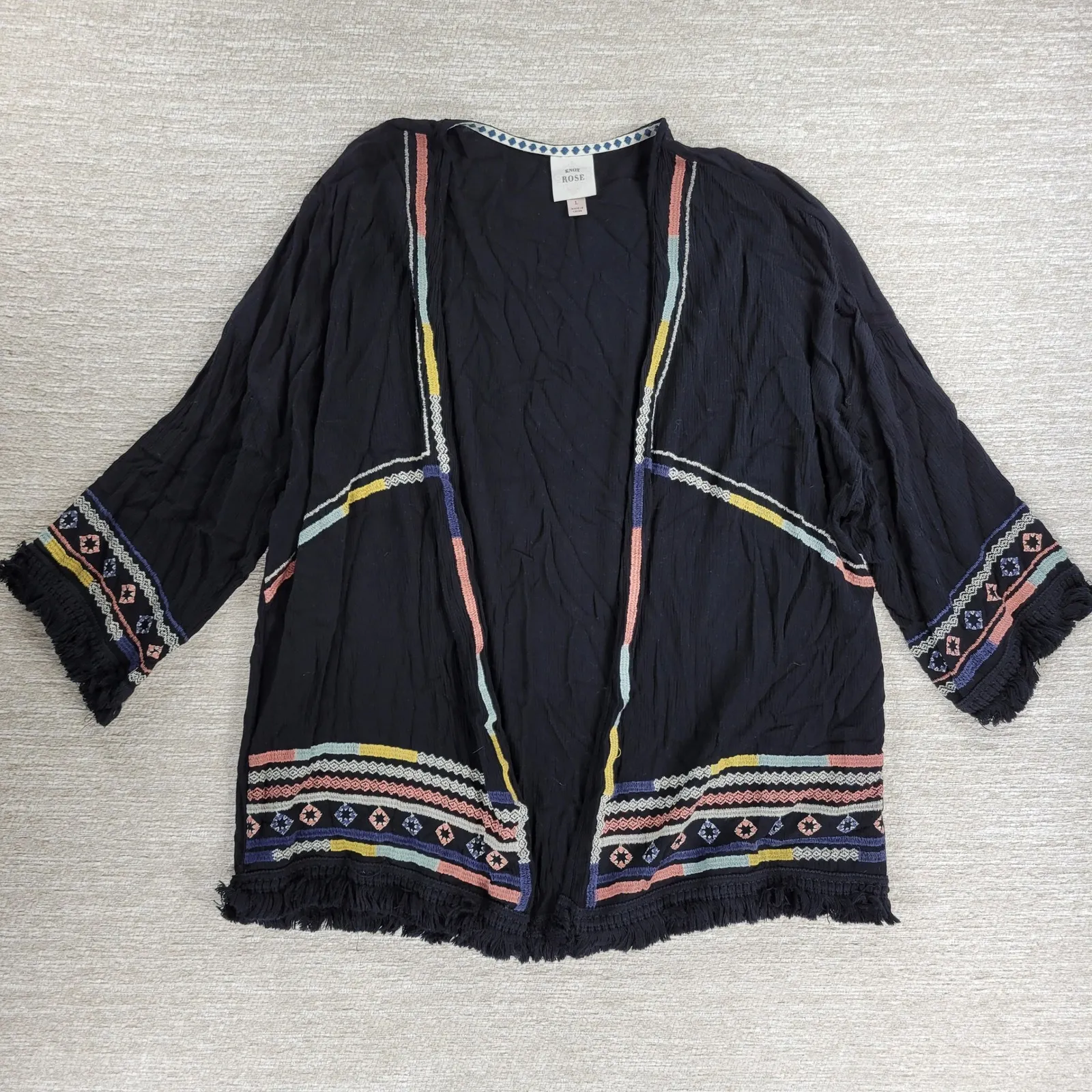 Knox Rose Black Embroidered Fringe Kimono Cardigan Size L Boho Festival - Image 2