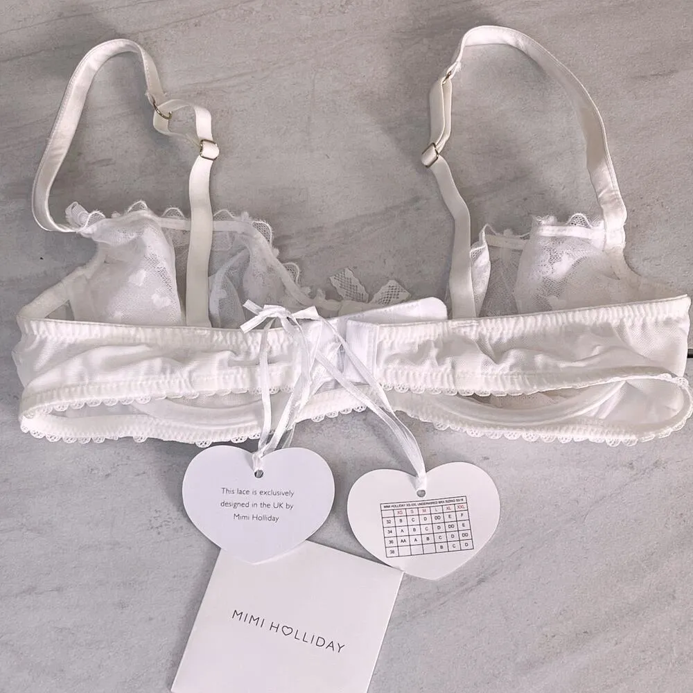 Mimi Holliday M Padded Bra Honeysuckle 1/4 Cup Plunge Silk Bridal Lace Bow Heart White Size M - Image 4