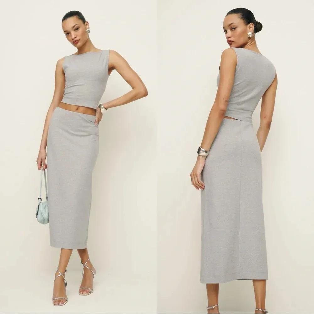 Reformation Elowen Knit Jersey Midi Skirt Pull On Organic Cotton Heather Grey XS - Image 3