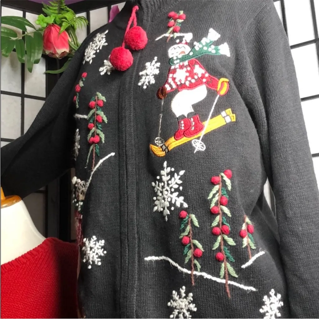 Vintage Victoria Jones Black Skiing Snowman Ugly Christmas Zip Cardigan Sweater M Size M - Image 3